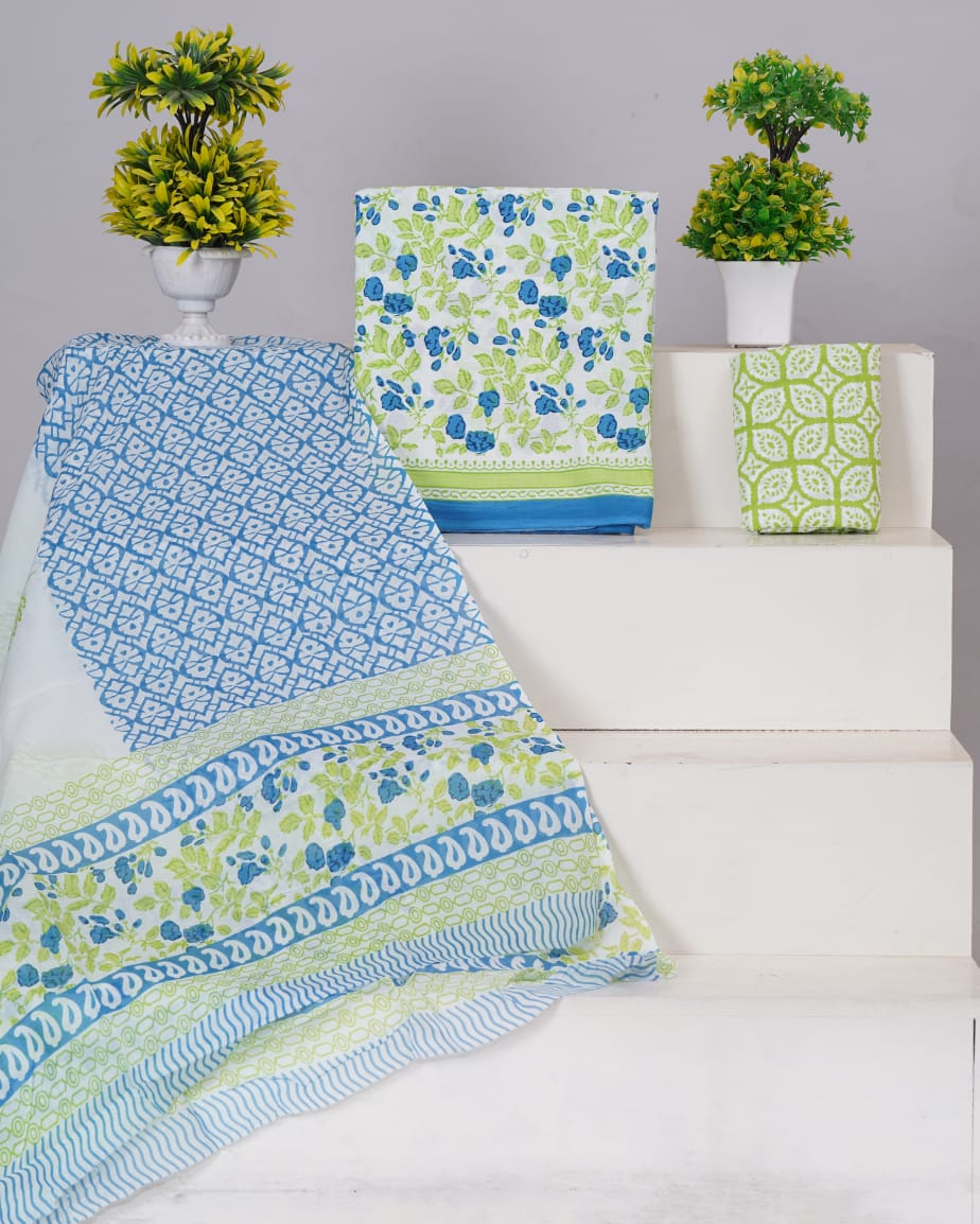 White with Light Green and Blue flower printed cotton top