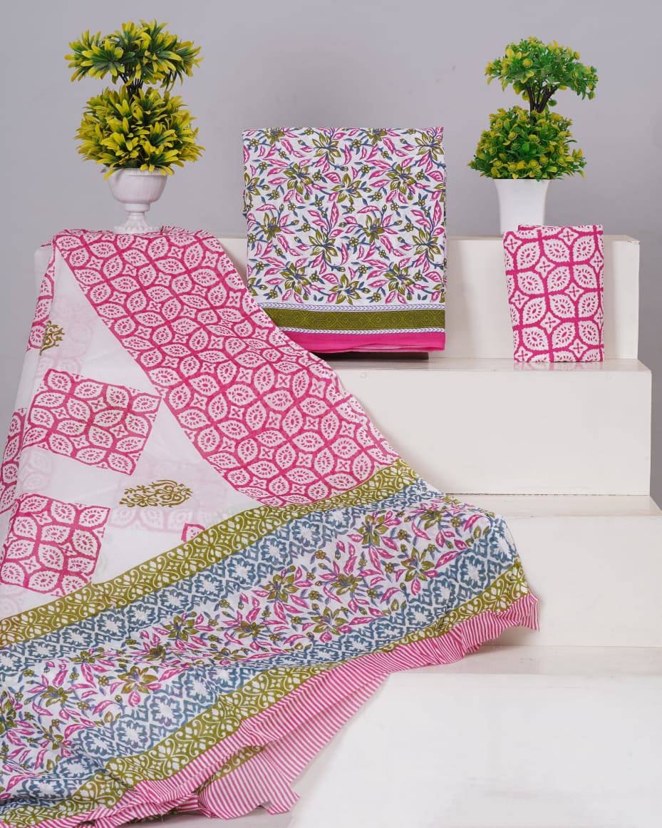 White with Green and Pink flower printed cotton dress material