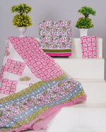 White with Green and Pink flower printed cotton dress material