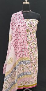 White with Green and Pink flower printed cotton dress material