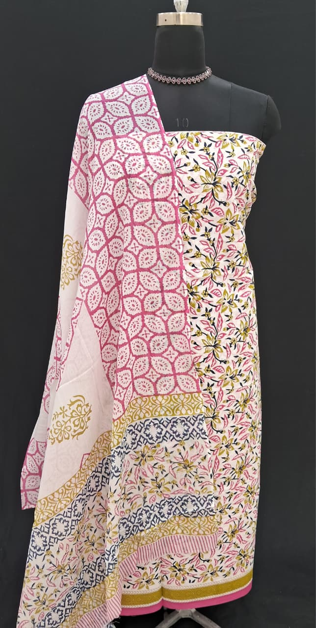 White with Green and Pink flower printed cotton dress material