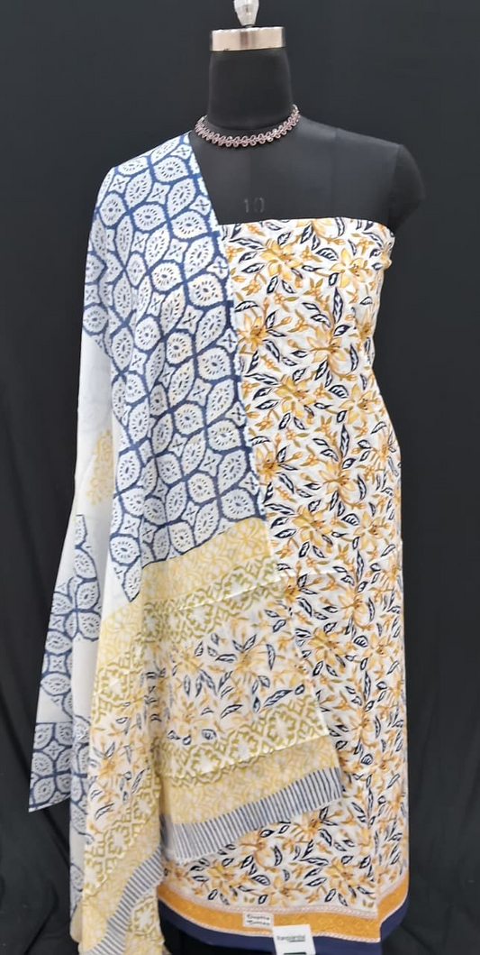 White and  Yellow flower printed cotton dress material