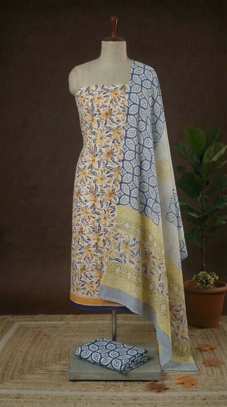White and  Yellow flower printed cotton dress material
