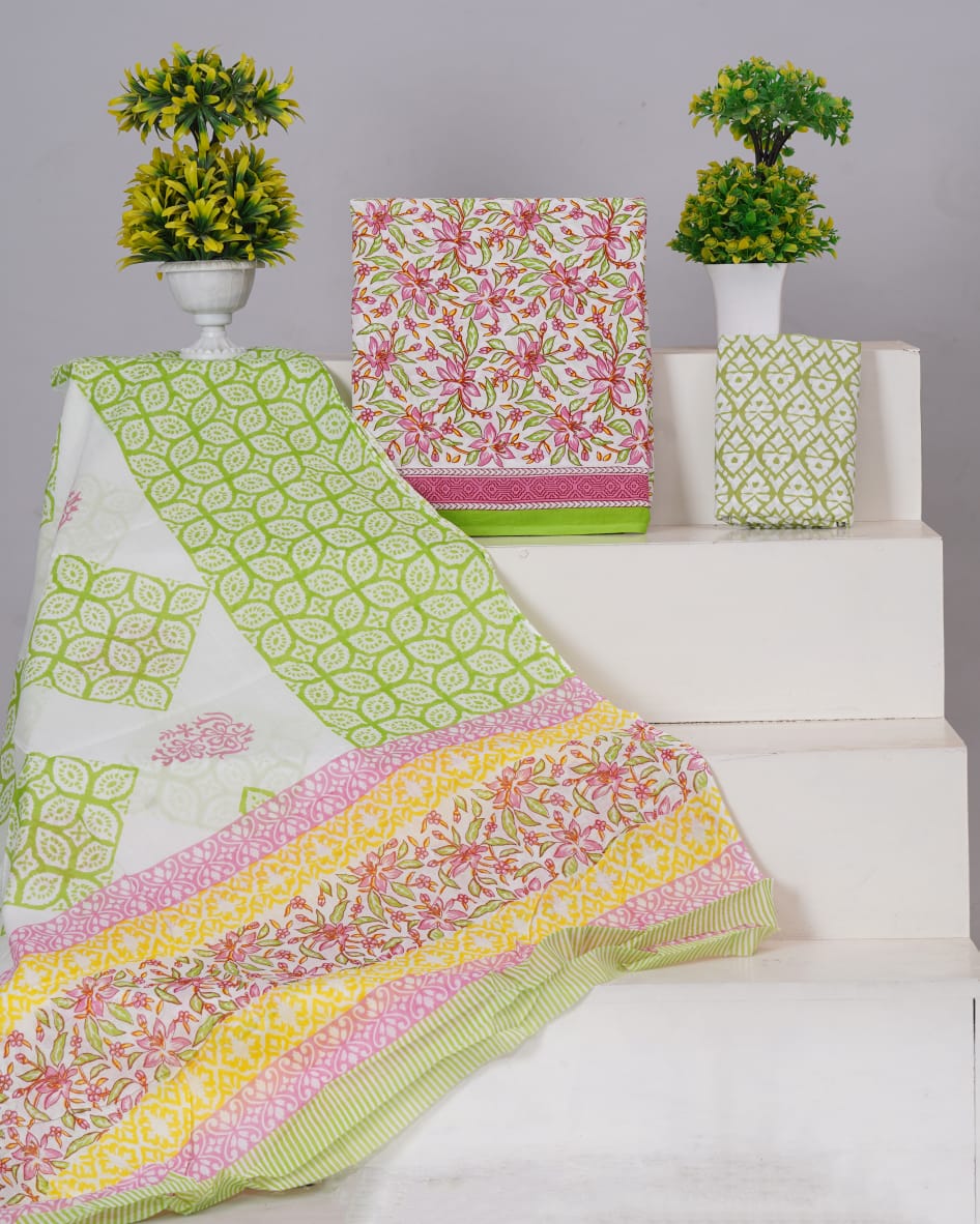 White Pure Cotton Dress Material with Green & Pink Floral Print