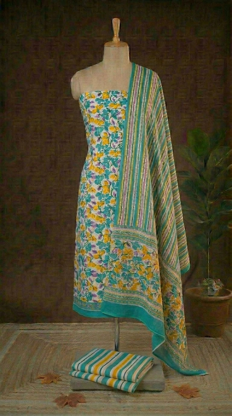 Rama Green with Lavender and Yellow leaf printed cotton dress material