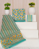 Rama Green with Lavender and Yellow leaf printed cotton dress material