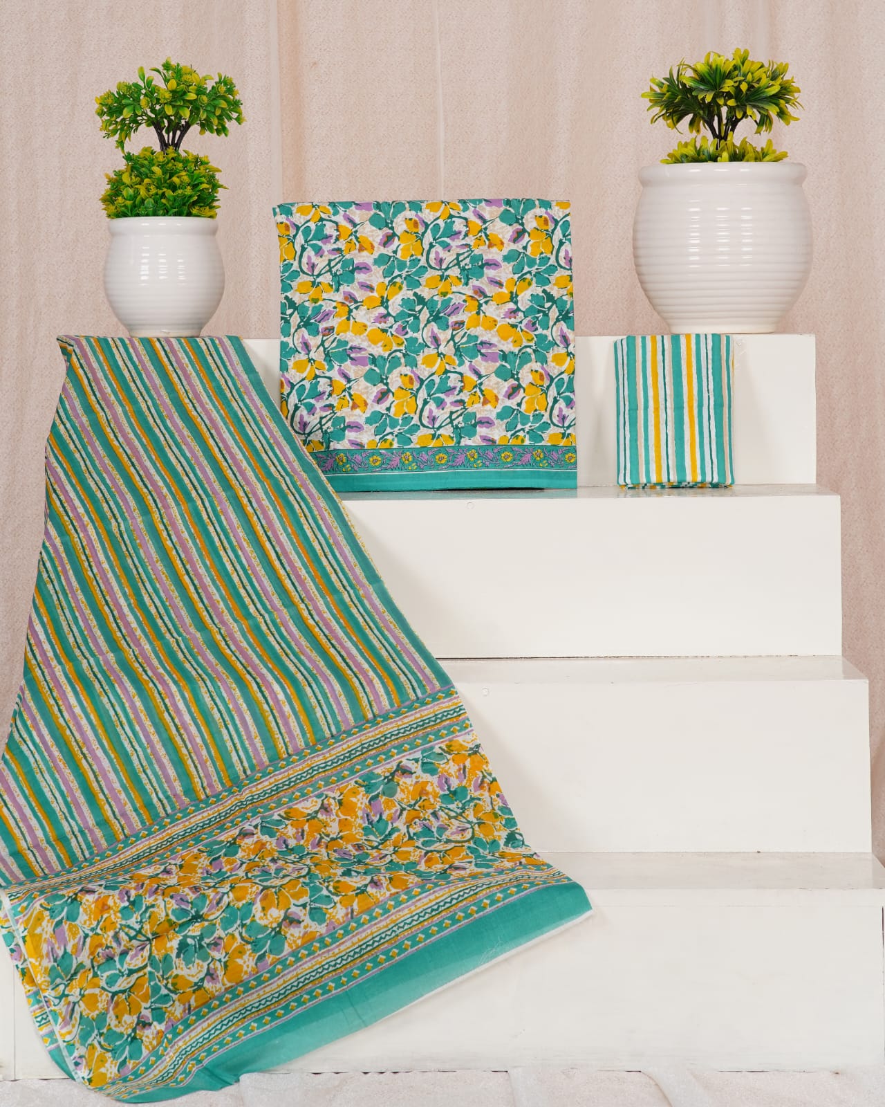 Rama Green with Lavender and Yellow leaf printed cotton dress material
