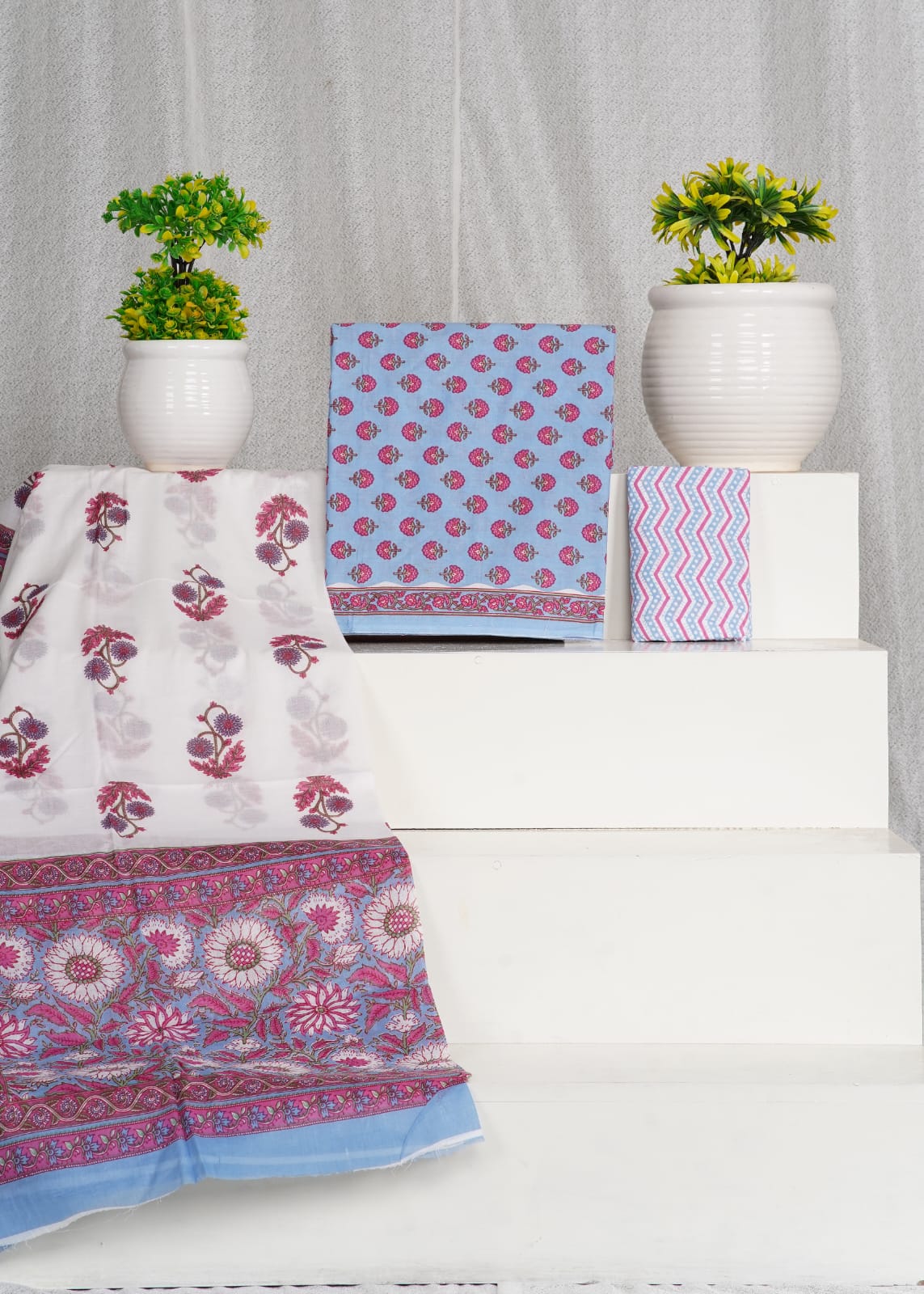 Baby Blue with Pink cotton dress material