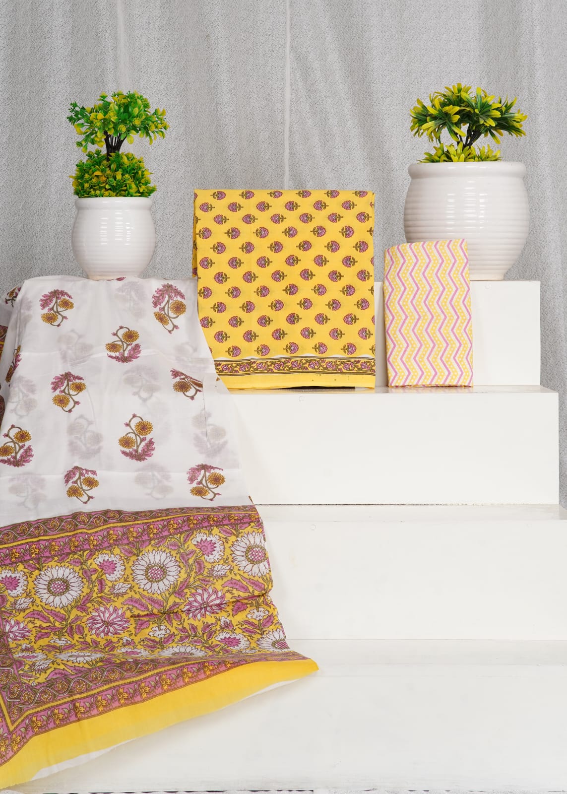 Mango Yellow with Pink and Green flower cotton dress material
