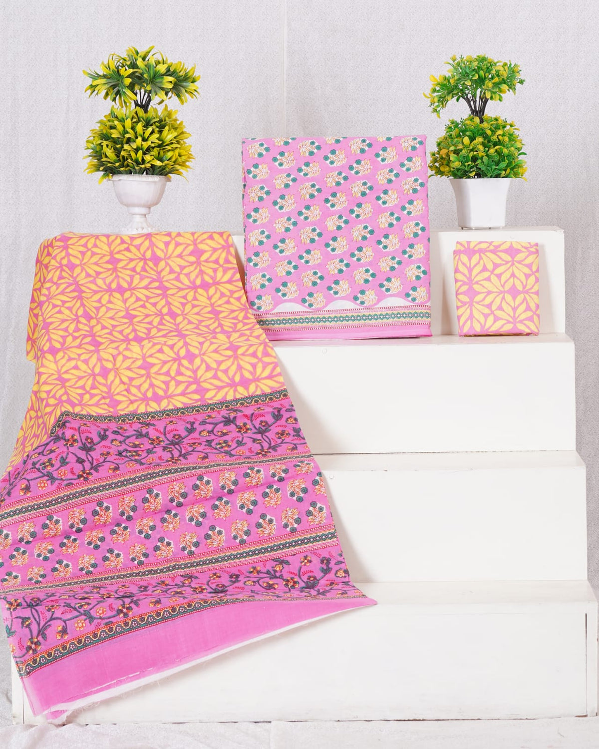 Pink Cotton Dress Material with Green & Light Yellow Floral Prints