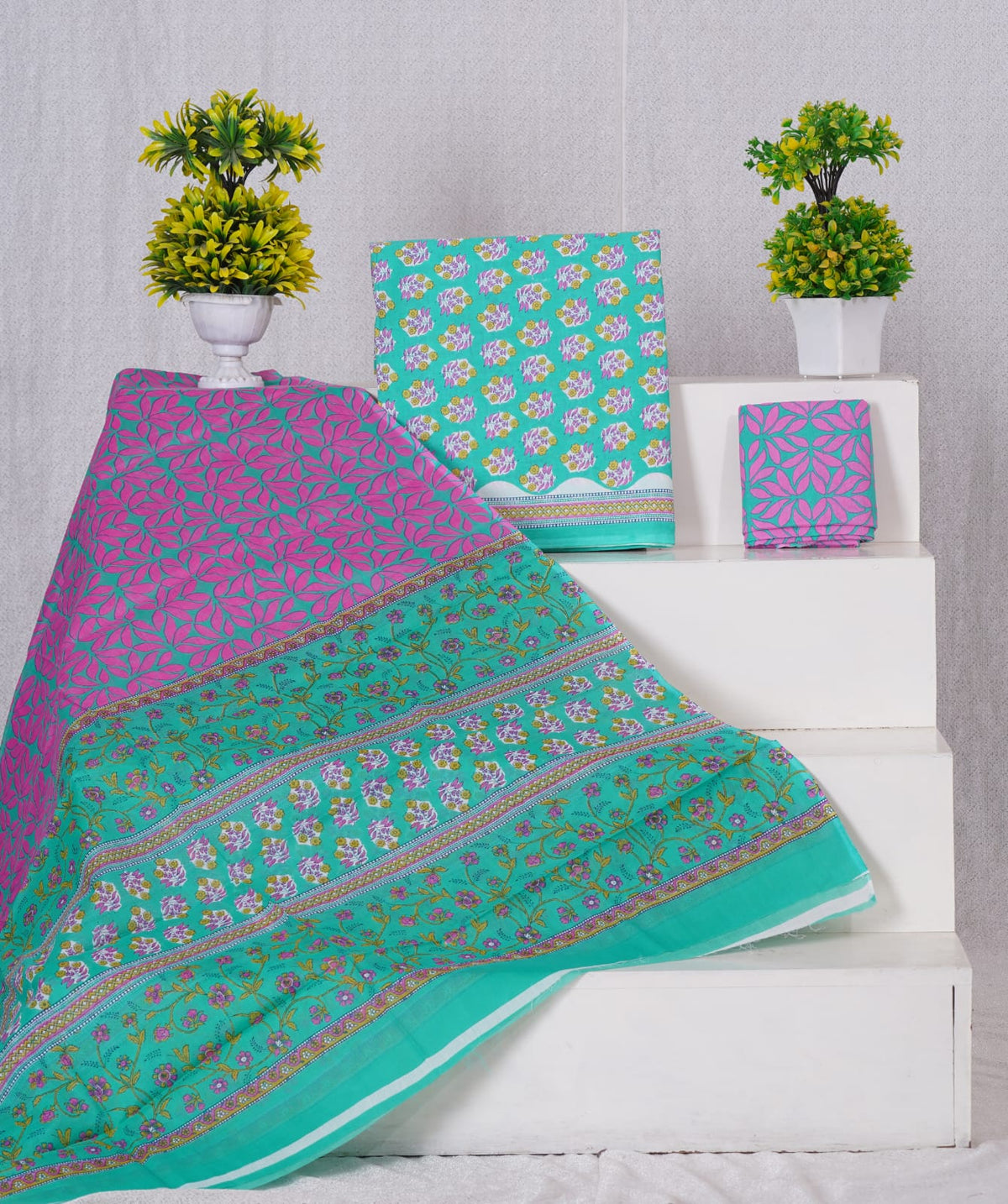 Rama Green with Raspberry Pink Yellow-flower-printed cotton dress material