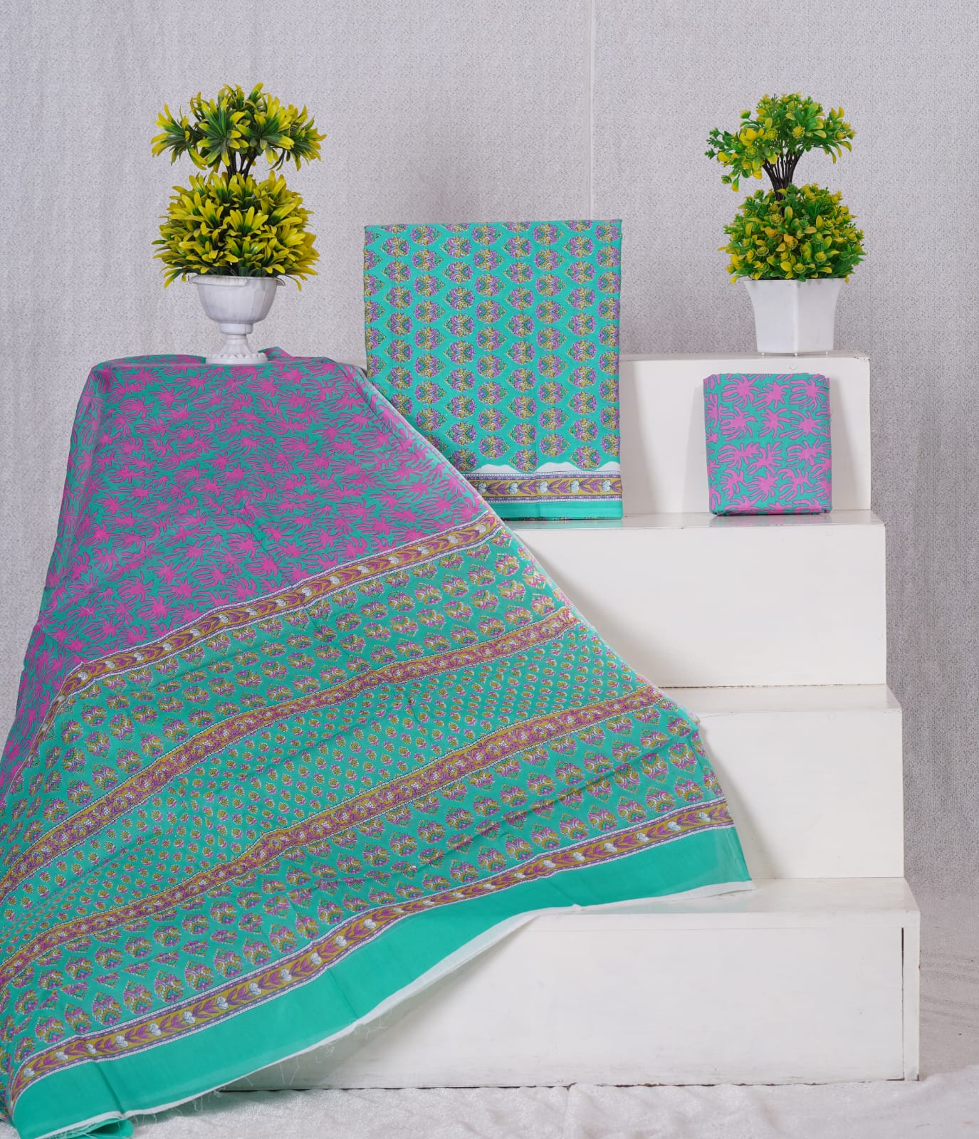 Rama Green with Raspberry Pink  cotton dress material