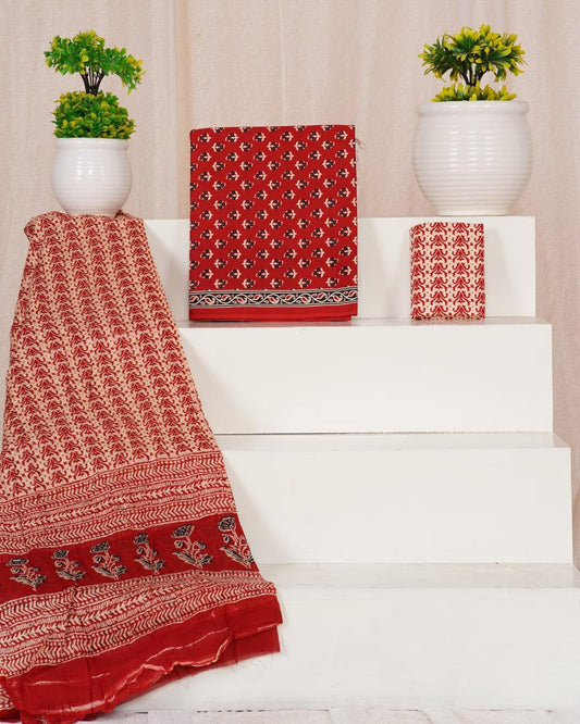 Red with Black and Cream flower motifs on the cotton top 