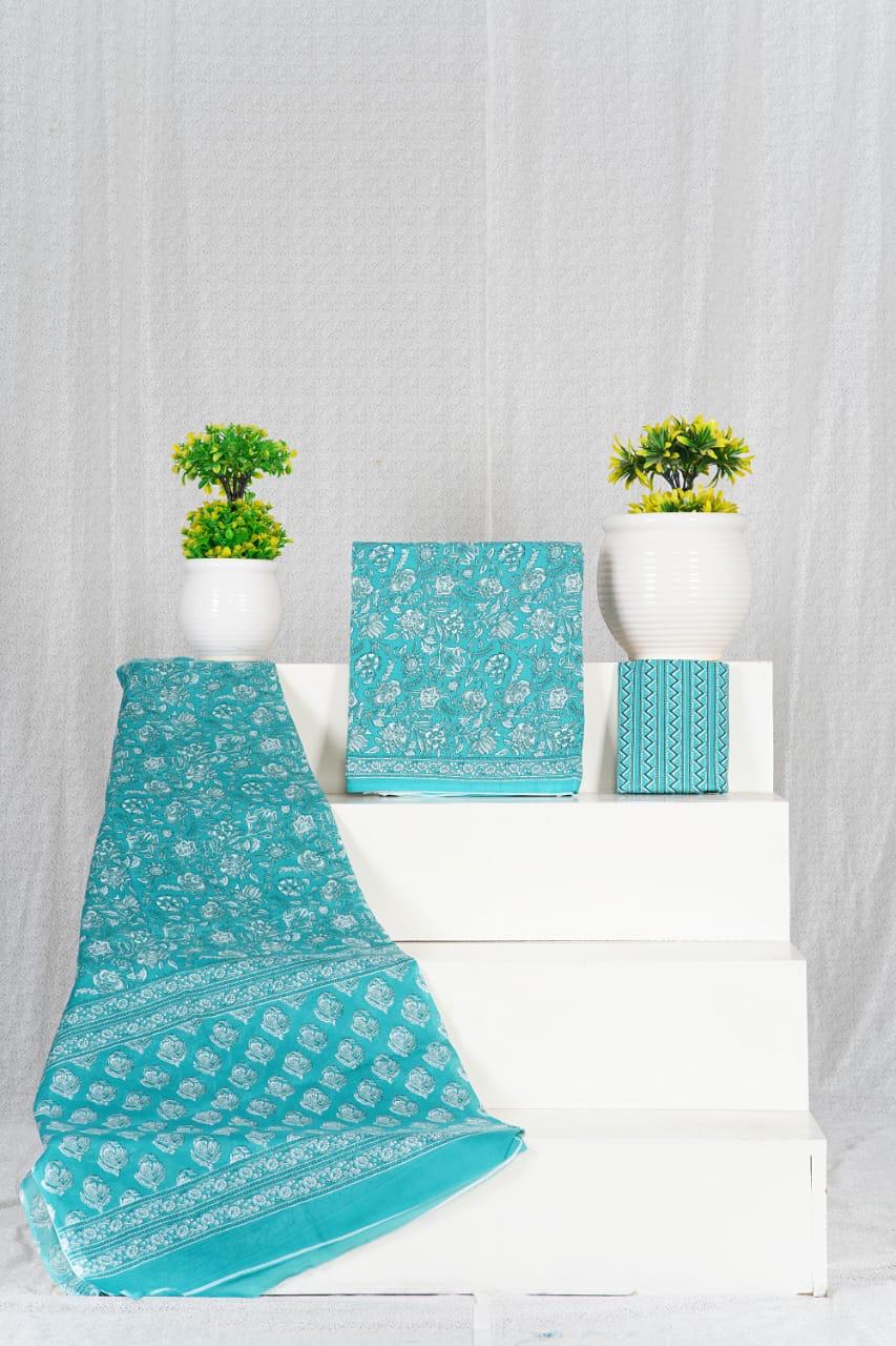 Sky Blue with White flower printed pure cotton dress material