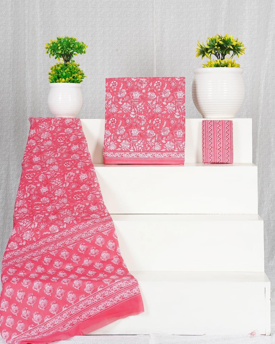 Coral Pink with White flower printed cotton dress material