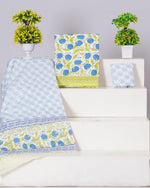 White with Blue and Leaf Green flower printed cotton dress material