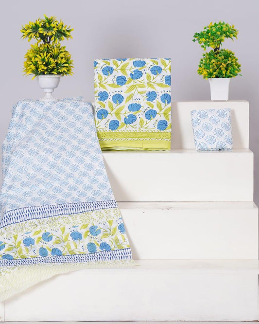 White with Blue and Leaf Green flower printed cotton top 