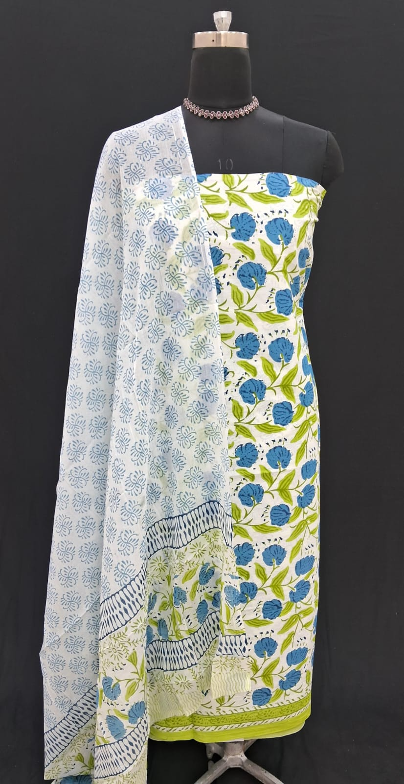 White with Blue and Leaf Green flower printed cotton dress material
