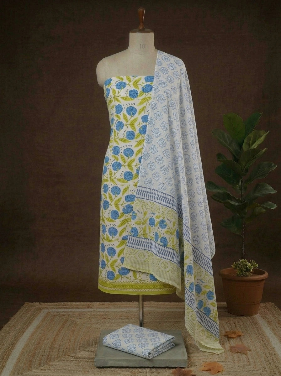 White with Blue and Leaf Green flower printed cotton dress material