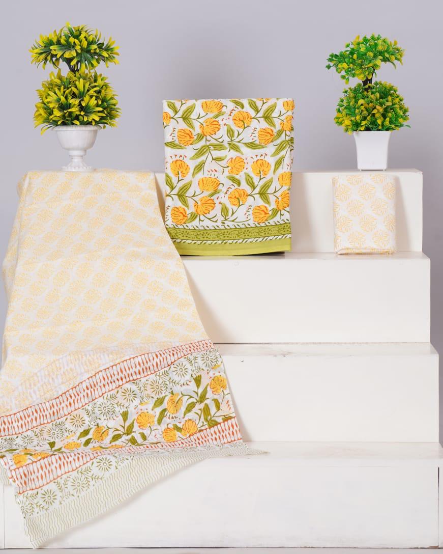 White with Yellow and Leaf Green flower printed cotton dress material