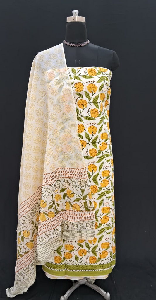 White with Yellow and Leaf Green flower printed cotton top