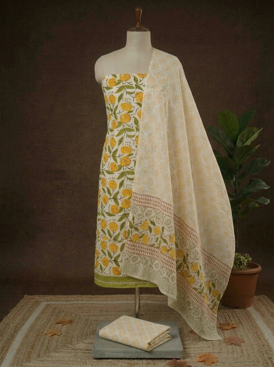 White with Yellow and Leaf Green flower printed cotton dress material