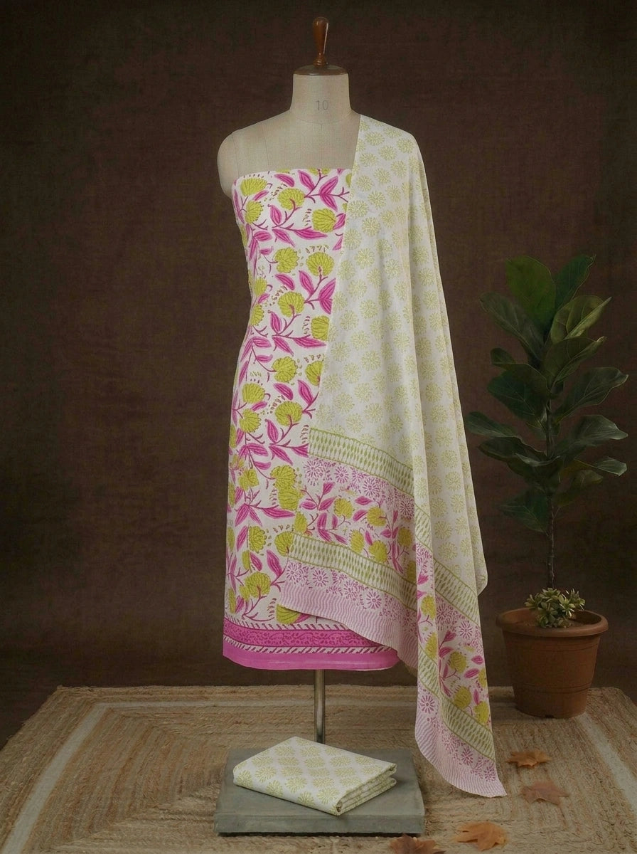 White with Bright Green and Pink flower printed cotton dress material