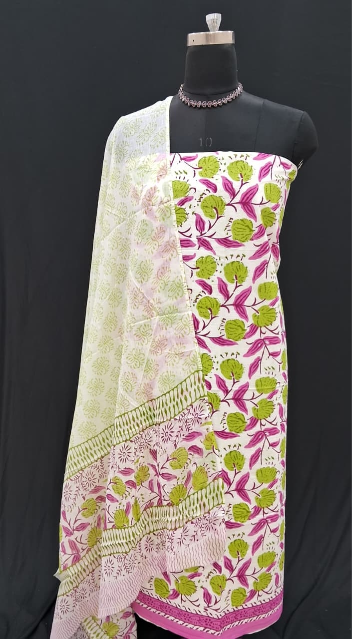 White with Bright Green and Pink flower printed cotton dress material