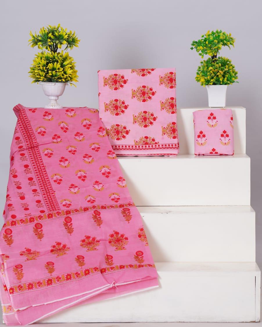 Blush Pink with Red and Brown floral printed cotton dress material online