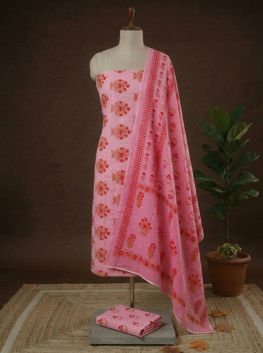 Blush Pink with Red and Brown floral printed cotton dress material online