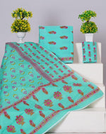 Aqua Blue with Mustard Yellow and Pink floral printed cotton dress material