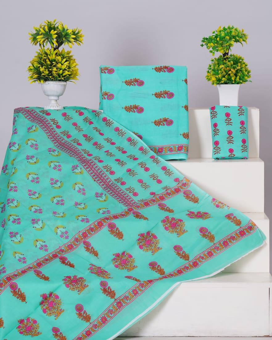 Aqua Blue with Mustard Yellow and Pink floral printed cotton dress material