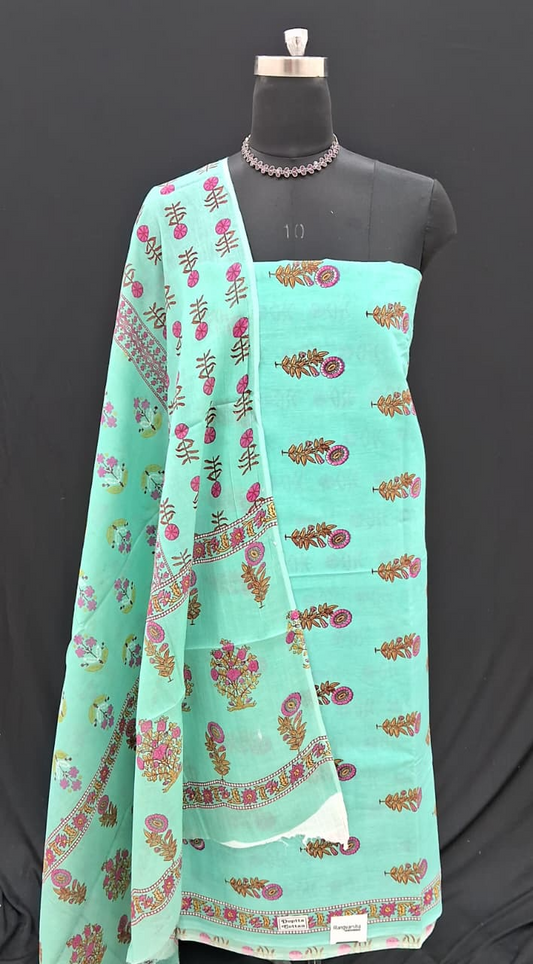 Aqua Blue with Mustard Yellow and Pink floral printed cotton top