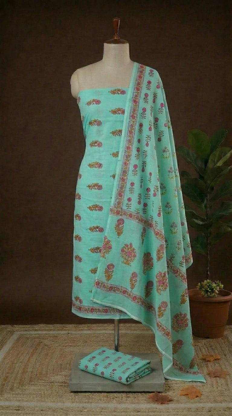 Aqua Blue with Mustard Yellow and Pink floral printed cotton dress material online