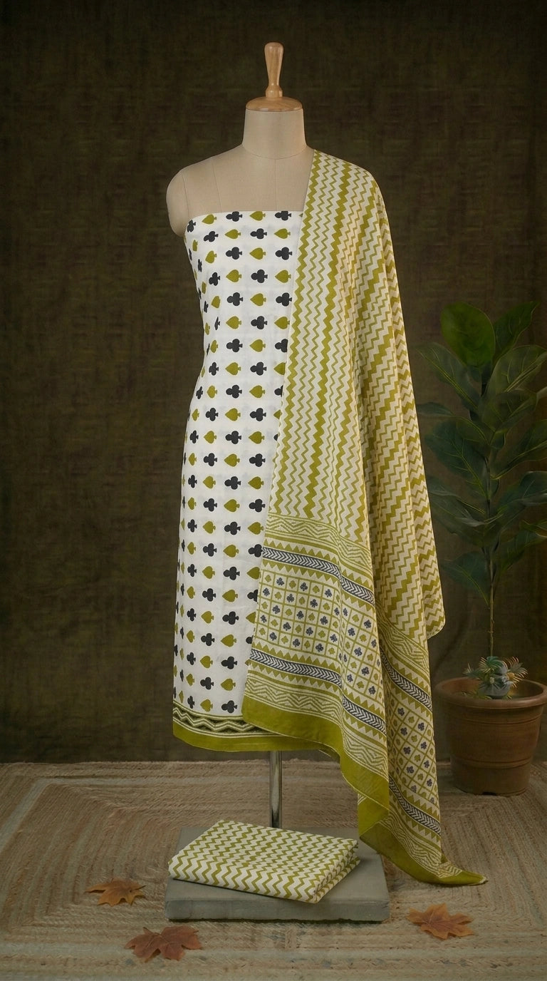 White with Mehandi Green and Black block printed cotton dress material