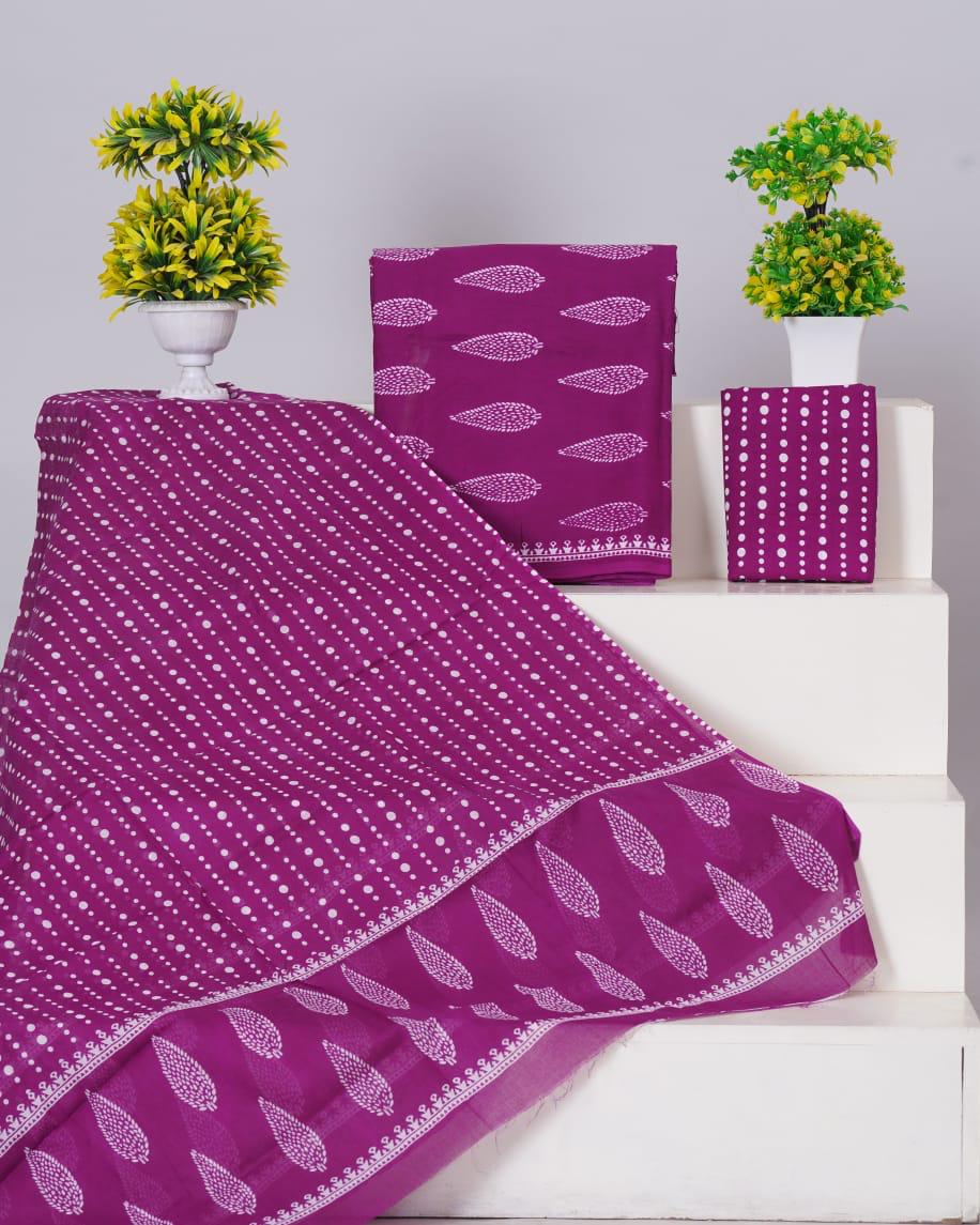 Purple with White block printed cotton dress material
