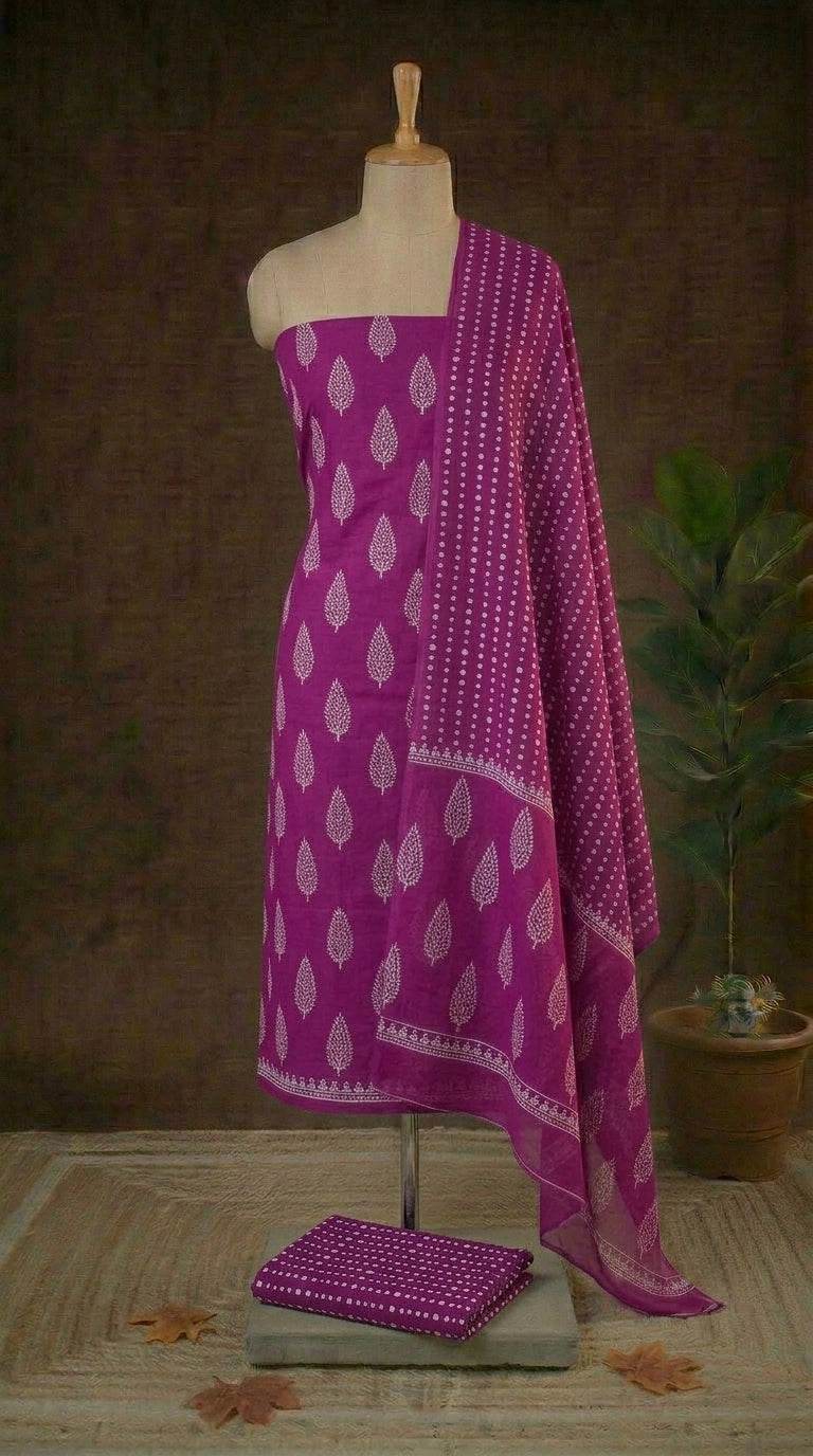 Purple with White block printed cotton dress material