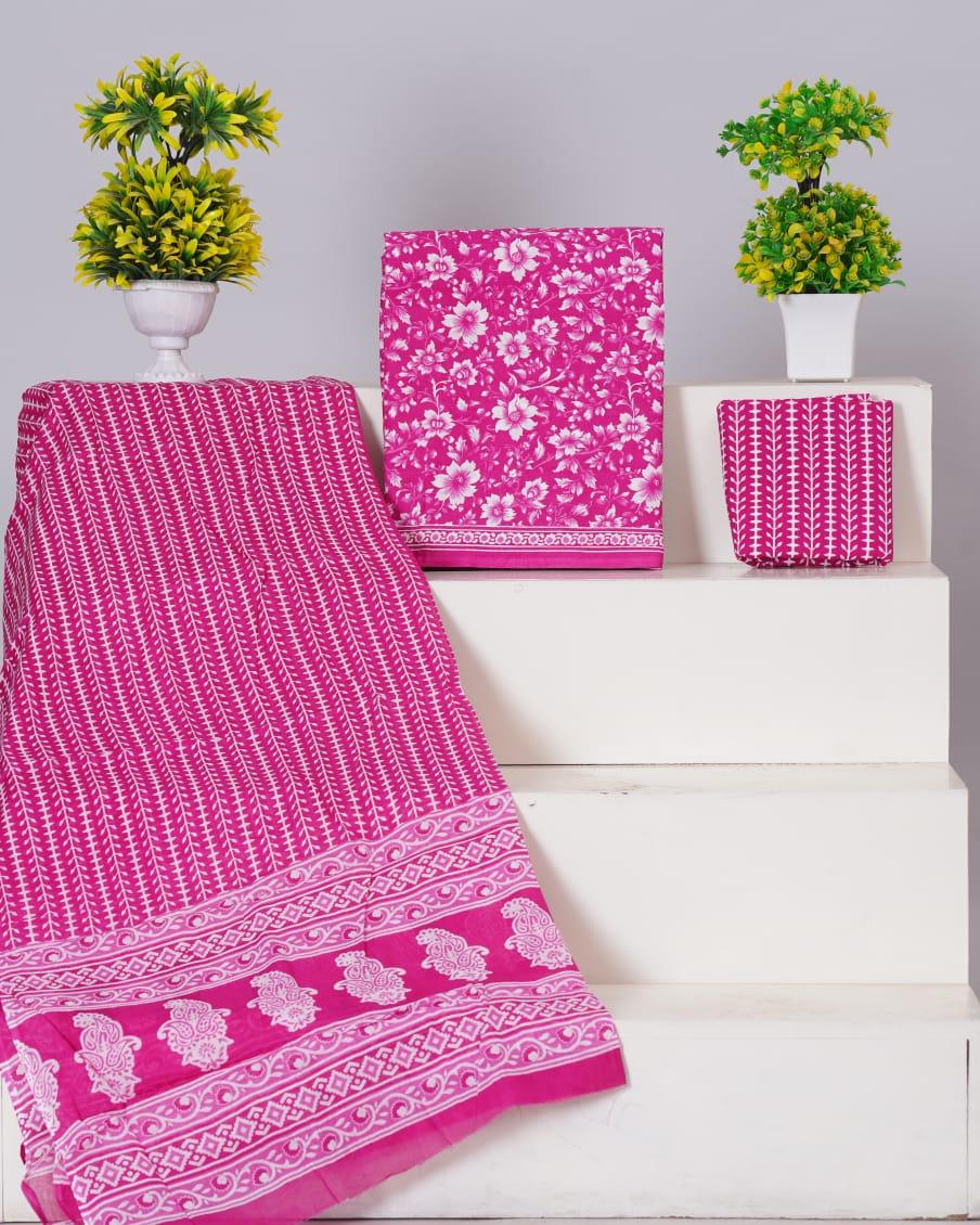 Pink with White flower printed cotton dress material 