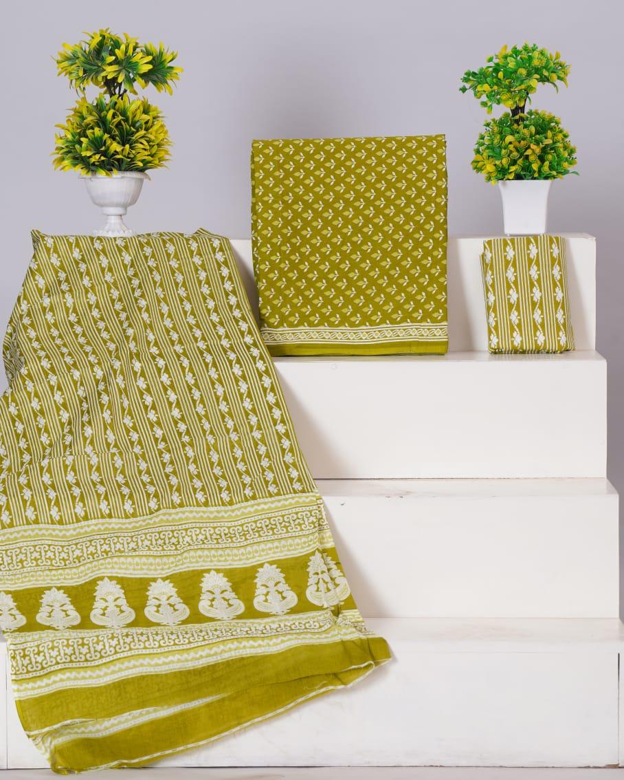 Mehandi Green with Lime Green flower motis on the cotton top