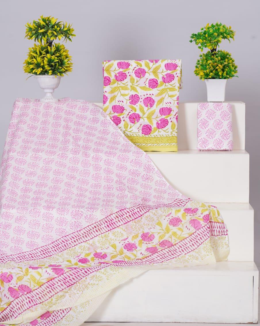 White with Pink and yellow flower printed cotton dress material