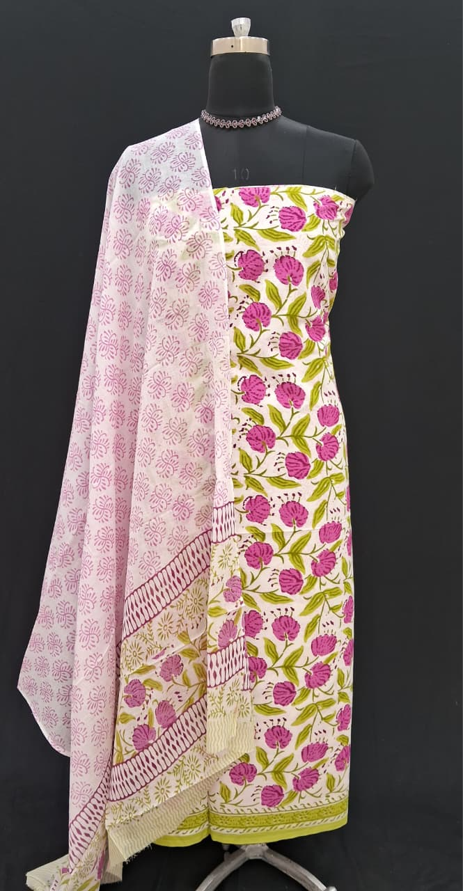 White with Pink and yellow flower printed cotton dress material