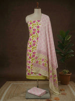 White with Pink and yellow flower printed cotton dress material