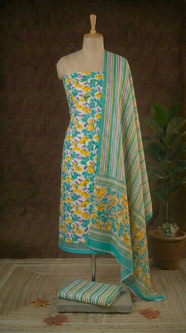 White with multicolour flower printed cotton dress material