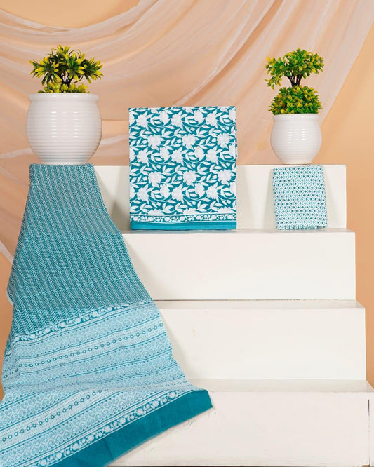 Teal Blue with White flower printed cotton top