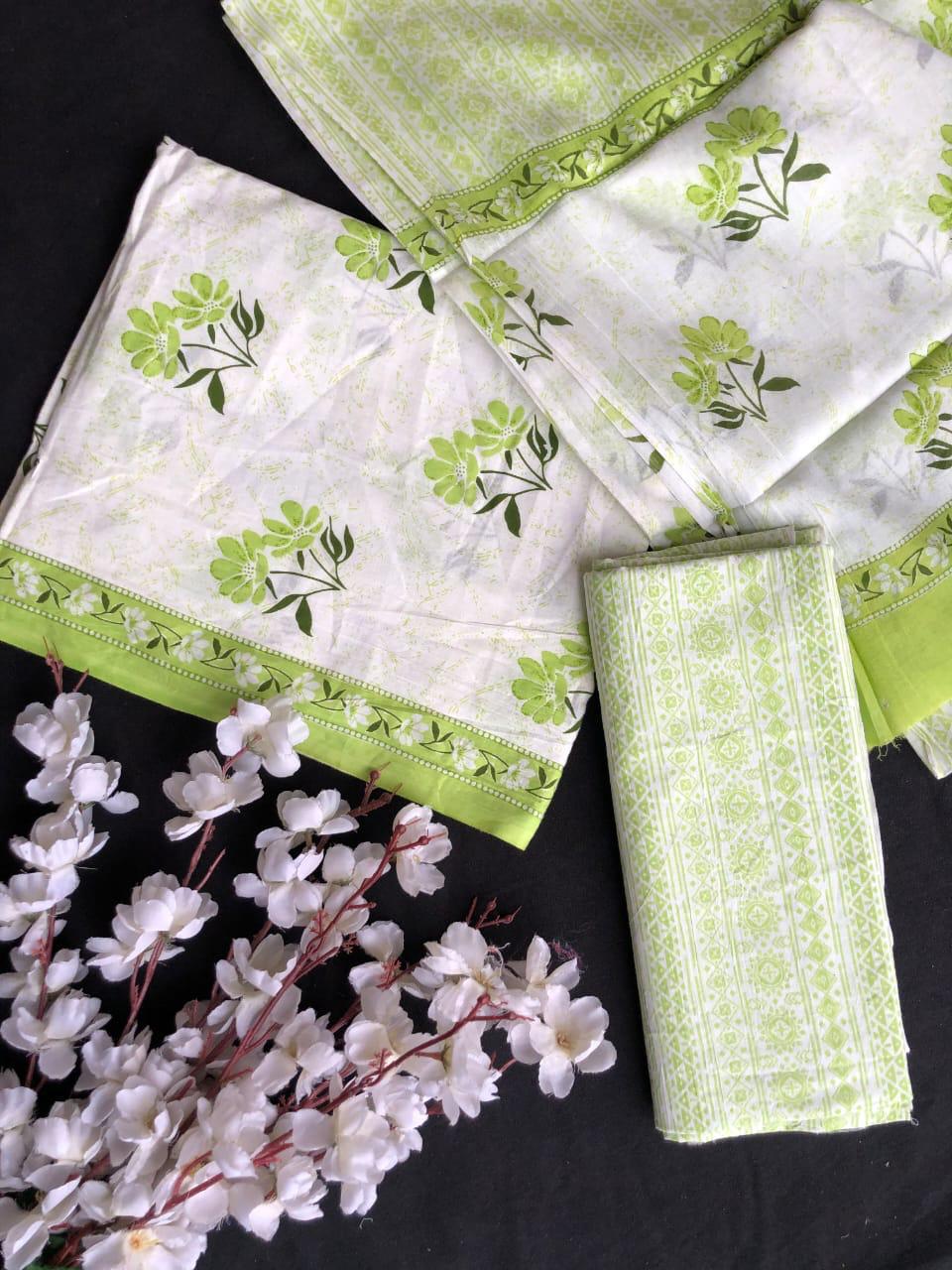 White with Bright Green and Green flower printed cotton dress material
