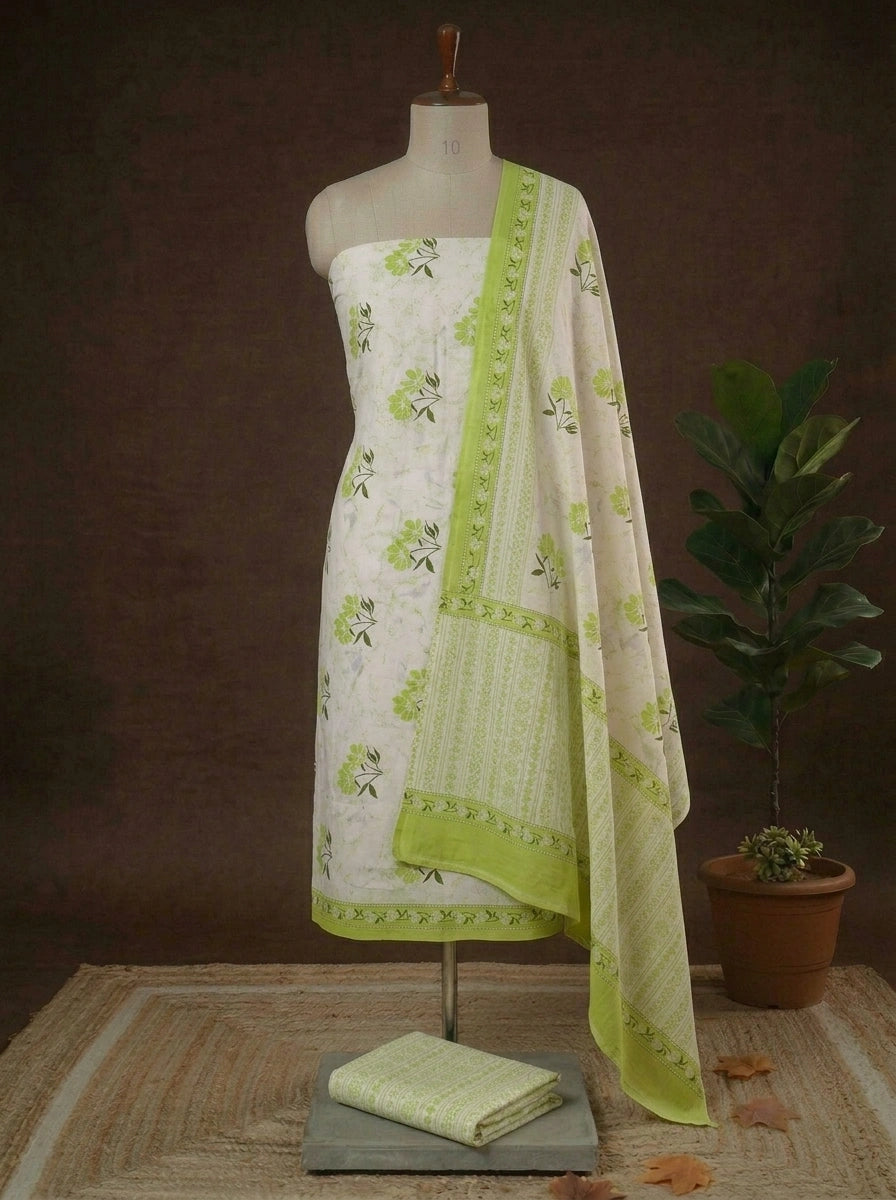 White with Bright Green and Green flower printed cotton dress material