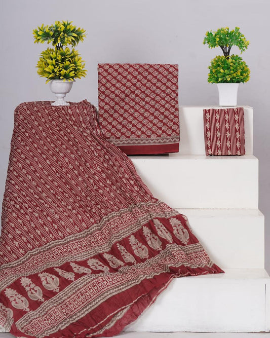 Rust Red with white floral motis on the cotton top 