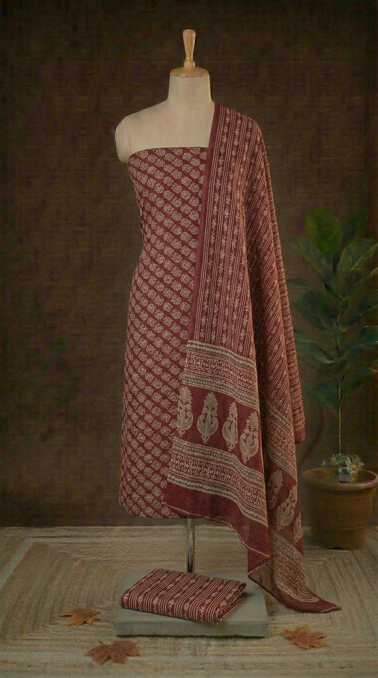 Rust Red with white floral motis on the cotton dress material