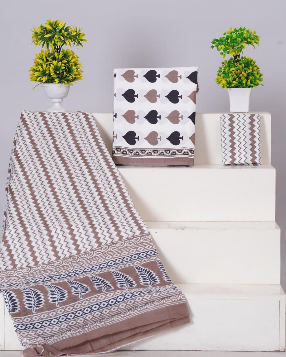 White with Beige and Black spade printed cotton dress material