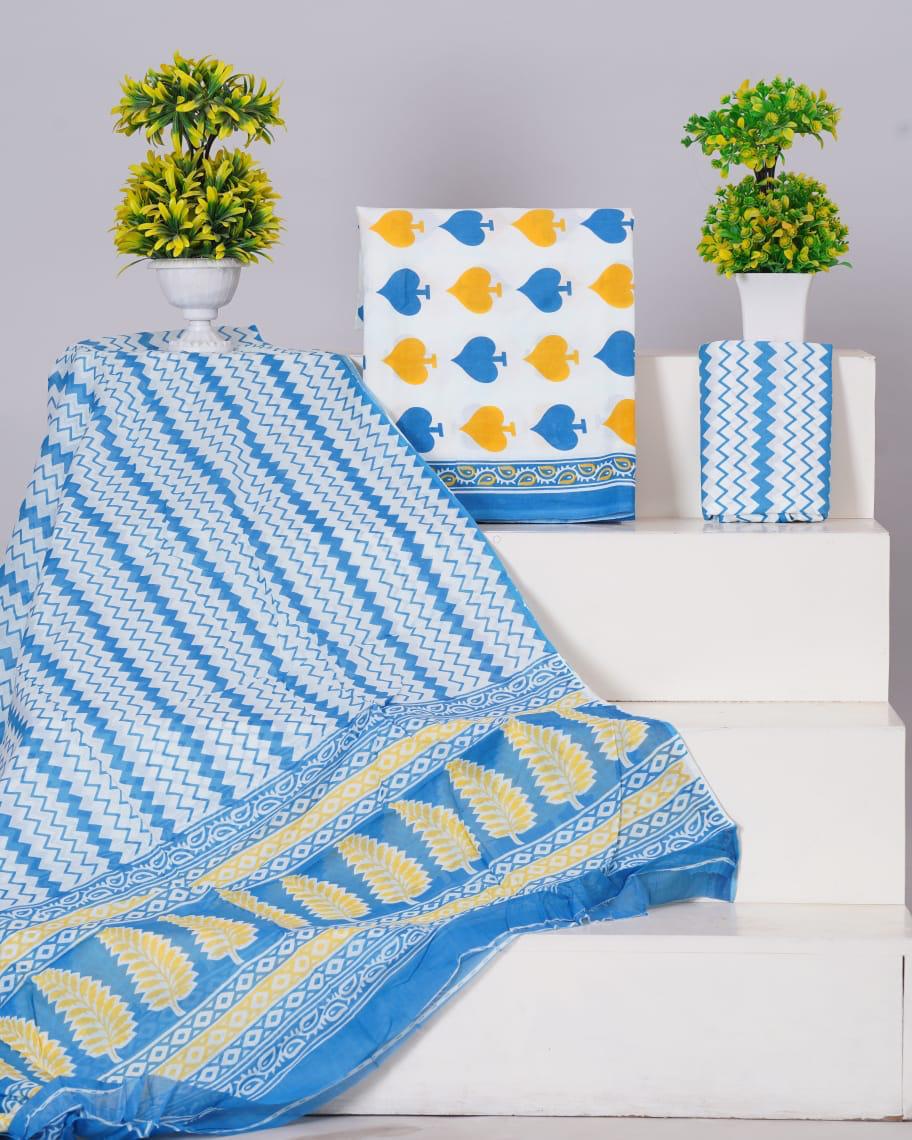 White with Ocean Blue and Yellow spade printed cotton dress material